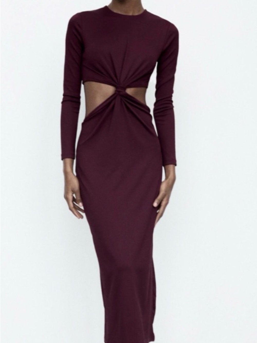 Zara Burgundy long sleeve cut out midi dress size large nwt